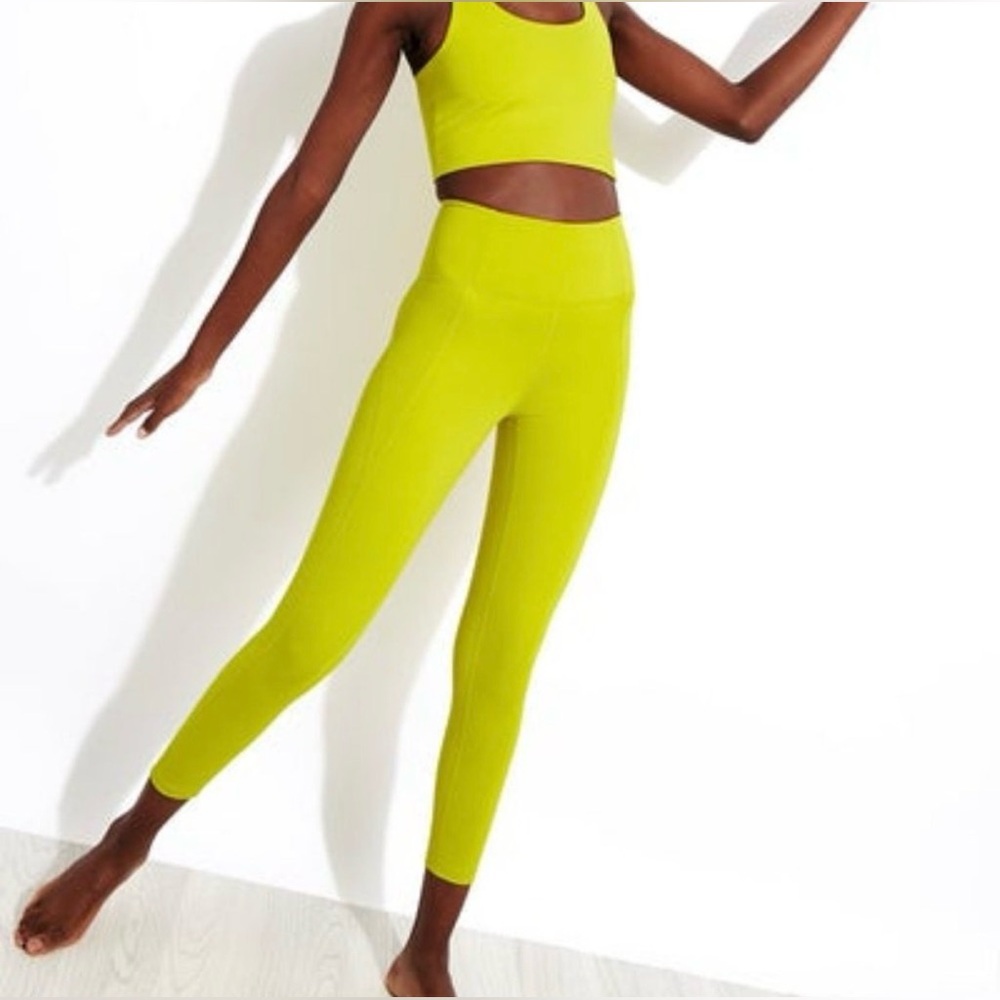 Girlfriend Collective Chartreuse Paloma Compressive Bra w/ Leggings + Scrunchie